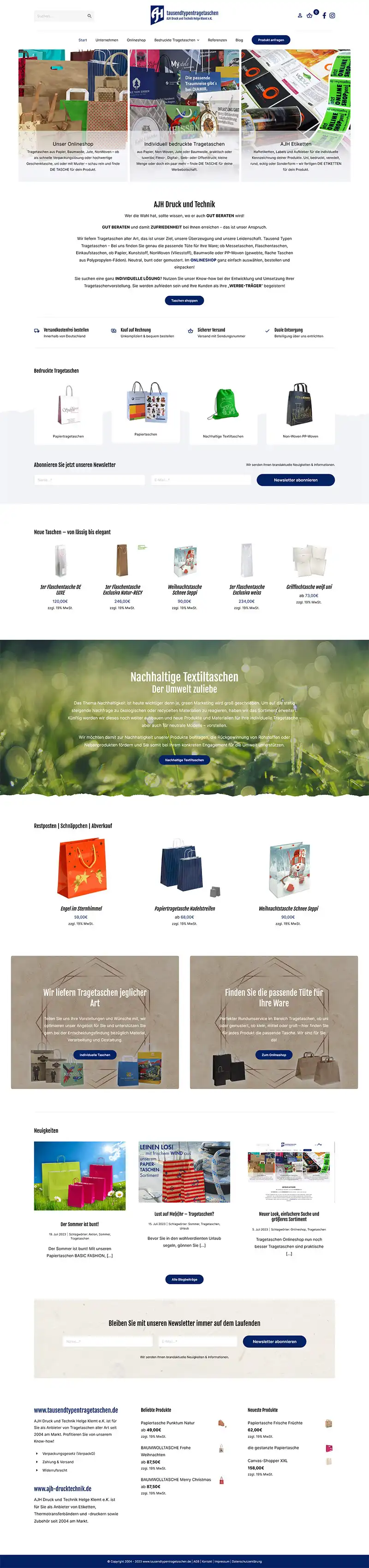 Online shop Tausendtypentragetaschen - Screenshot Fullsize Home page