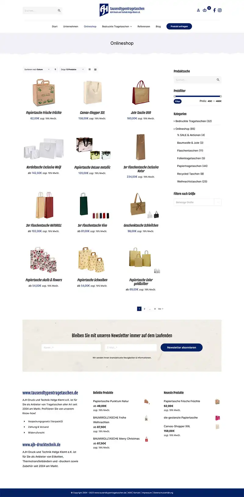 Onlineshop Tausendtypentragetaschen - Screenshot Fullsize Unterseite