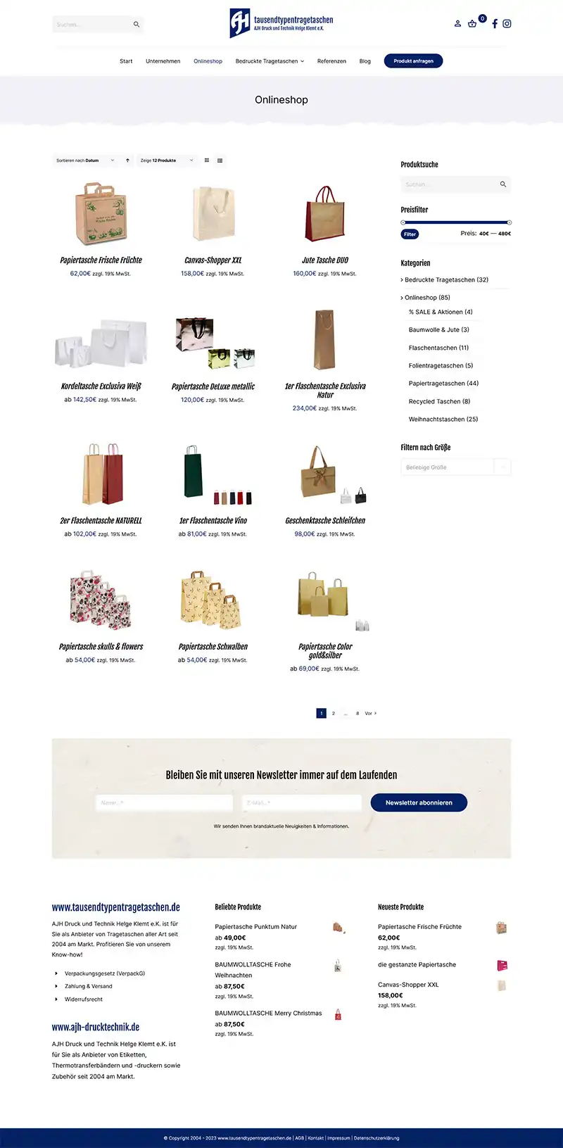 Online shop Tausendtypentragetaschen - Screenshot Fullsize undersite