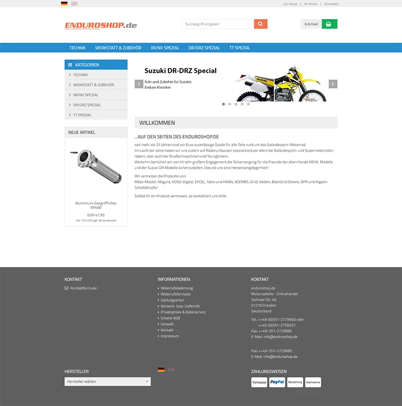 Onlineshop Enduroshop - Screenshot Fullsize Startseite