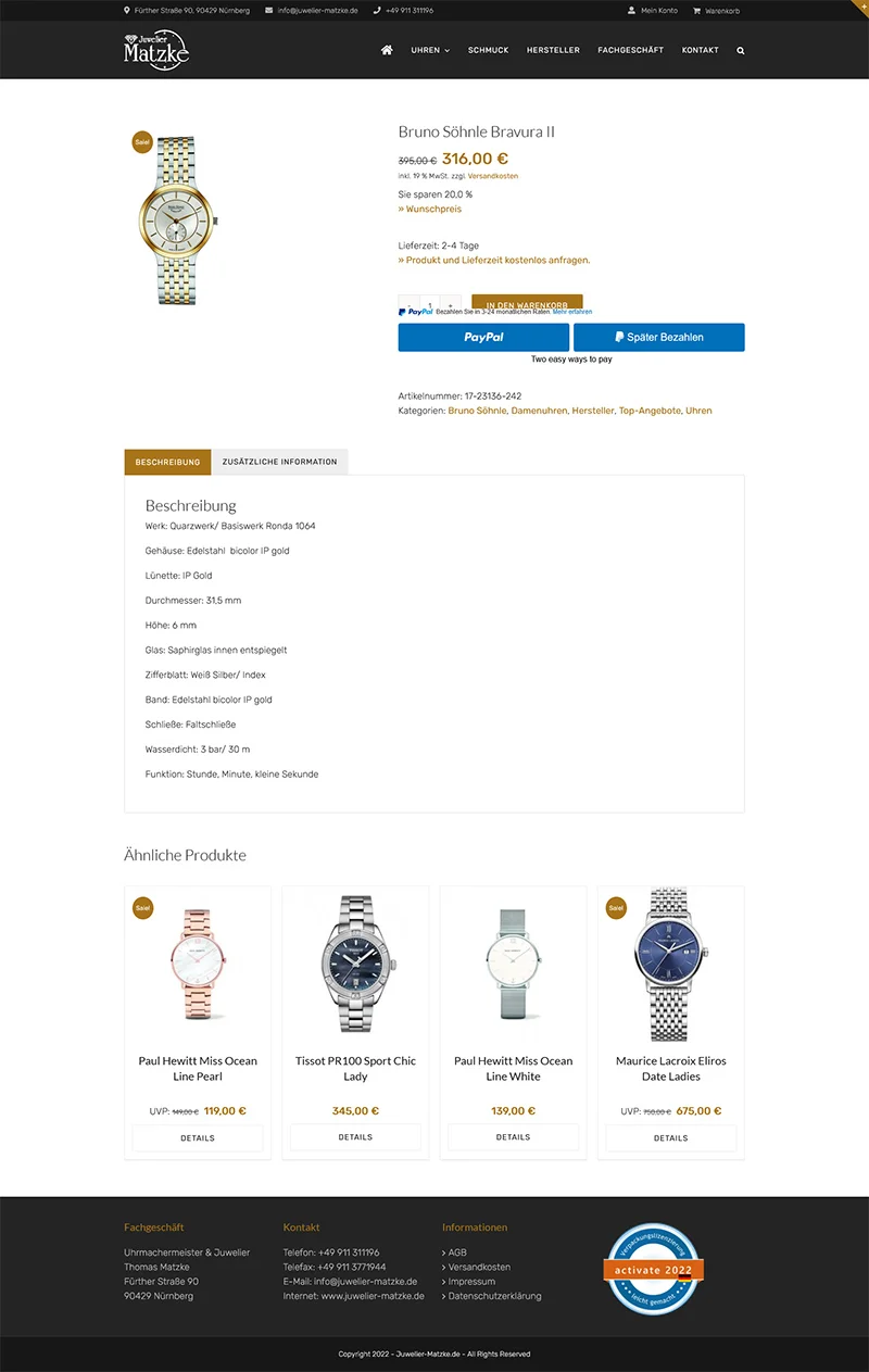 Juwelier Matzke Onlineshop - Screenshot Fullsize Unterseite
