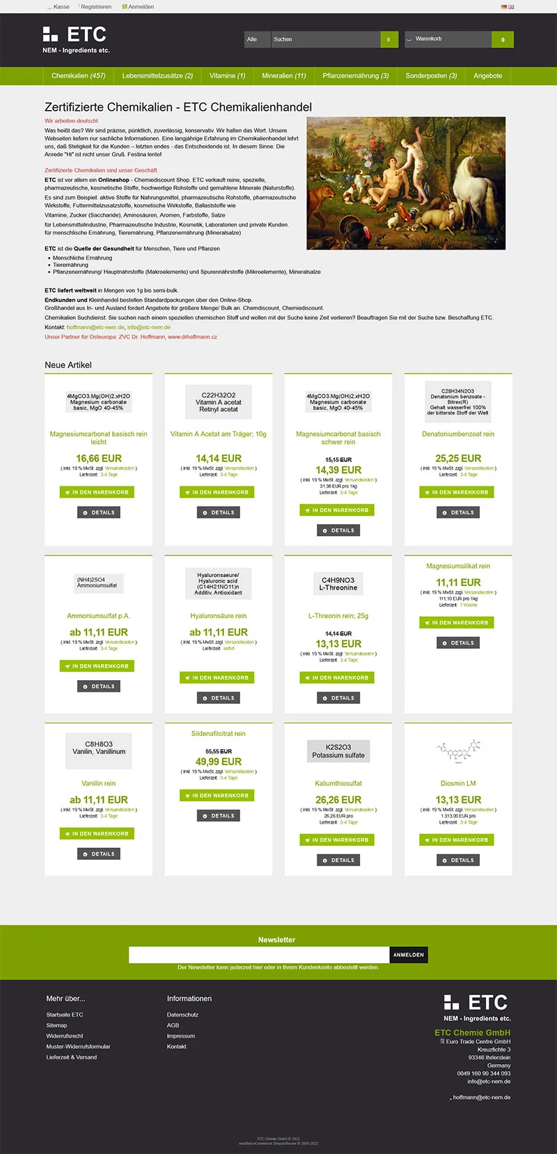 ETC Chemikalienhandel Onlineshop - Screenshot Fullsize Startseite