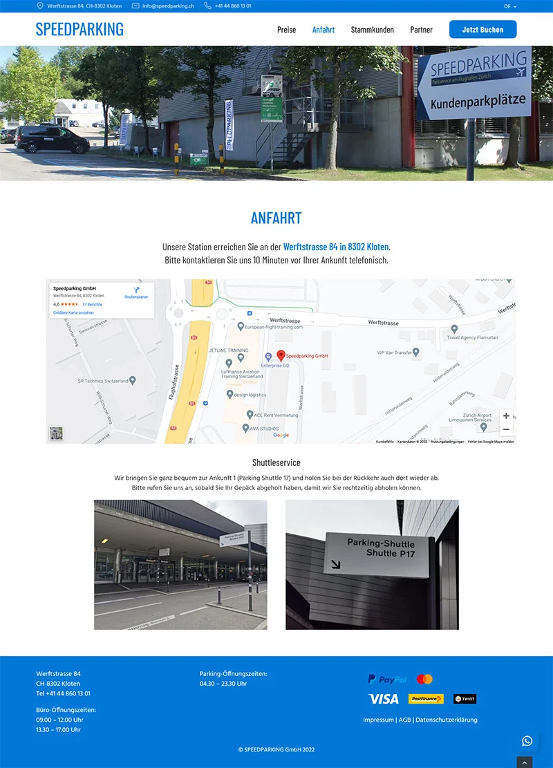 Speedparking am Flughafen Zürich - Screenshot Fullsize Unterseite