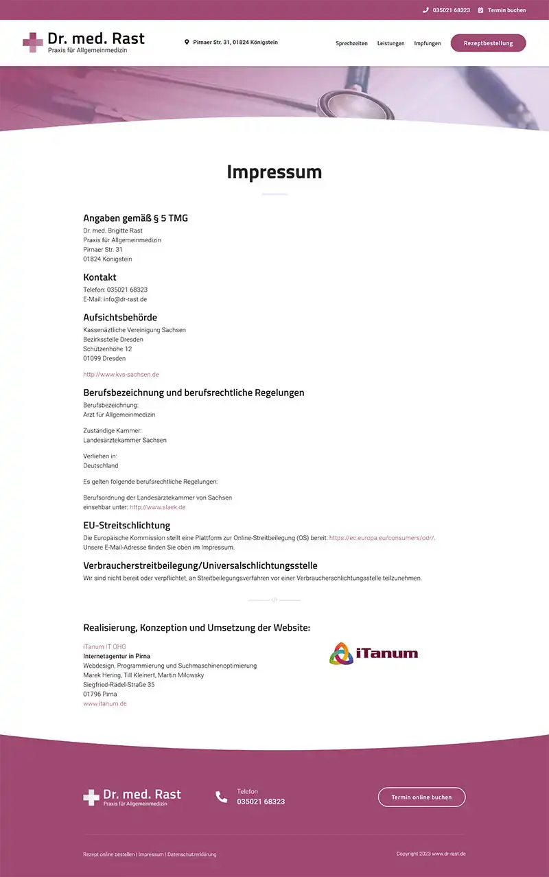 iTanum Internetagentur aus Pirna – Referenz – Hausarztpraxis Dr. med. Brigitte Rast aus Königstein – Screenshot Fullsize Unterseite General practice Dr. medical Brigitte Rast - Screenshot Fullsize Subpage