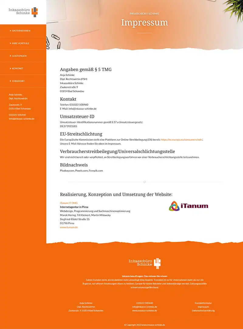 Schinke Debt collection agency from Bad Schandau - Screenshot Fullsize Subpage